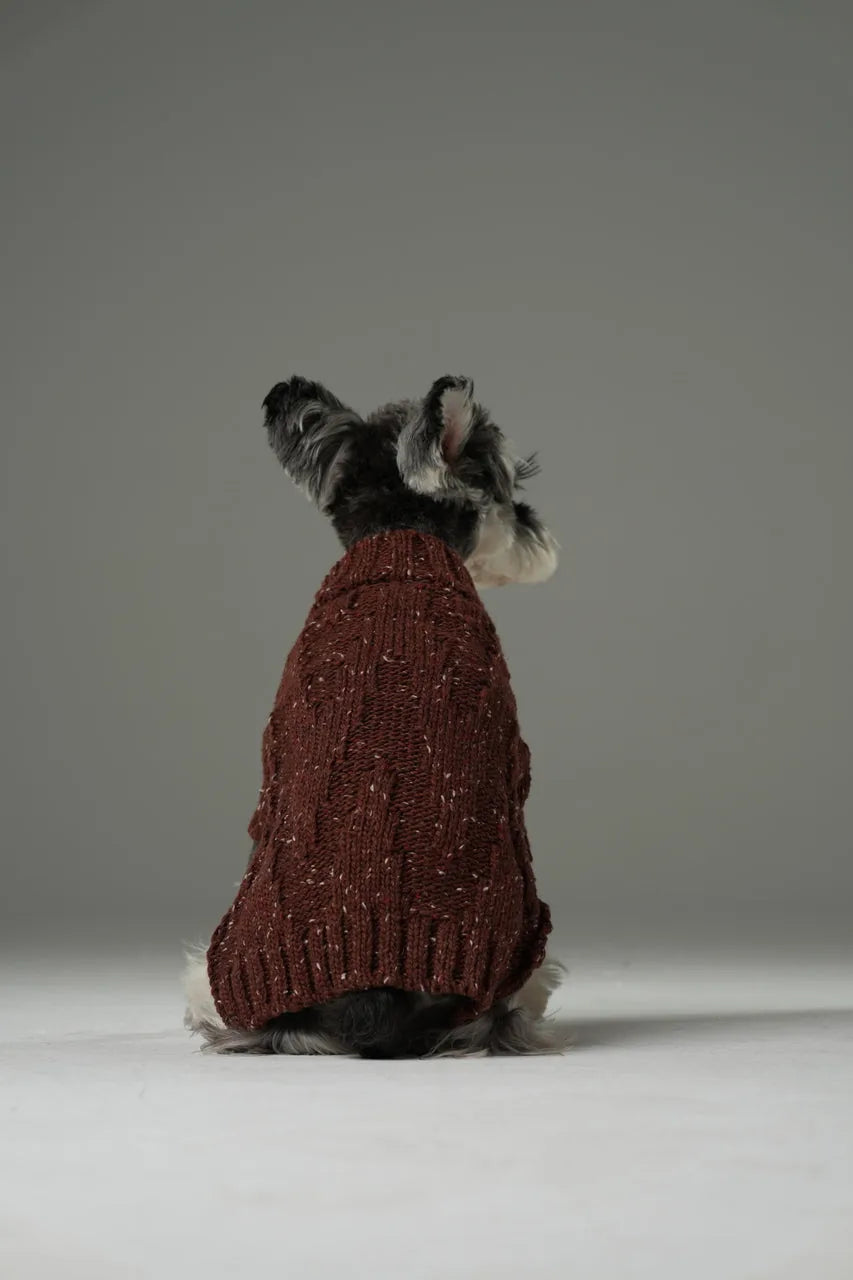 Burgundy textured pet sweater with vintage chest buttons, snug fit, and high-neck design, seen from the back on a dog.