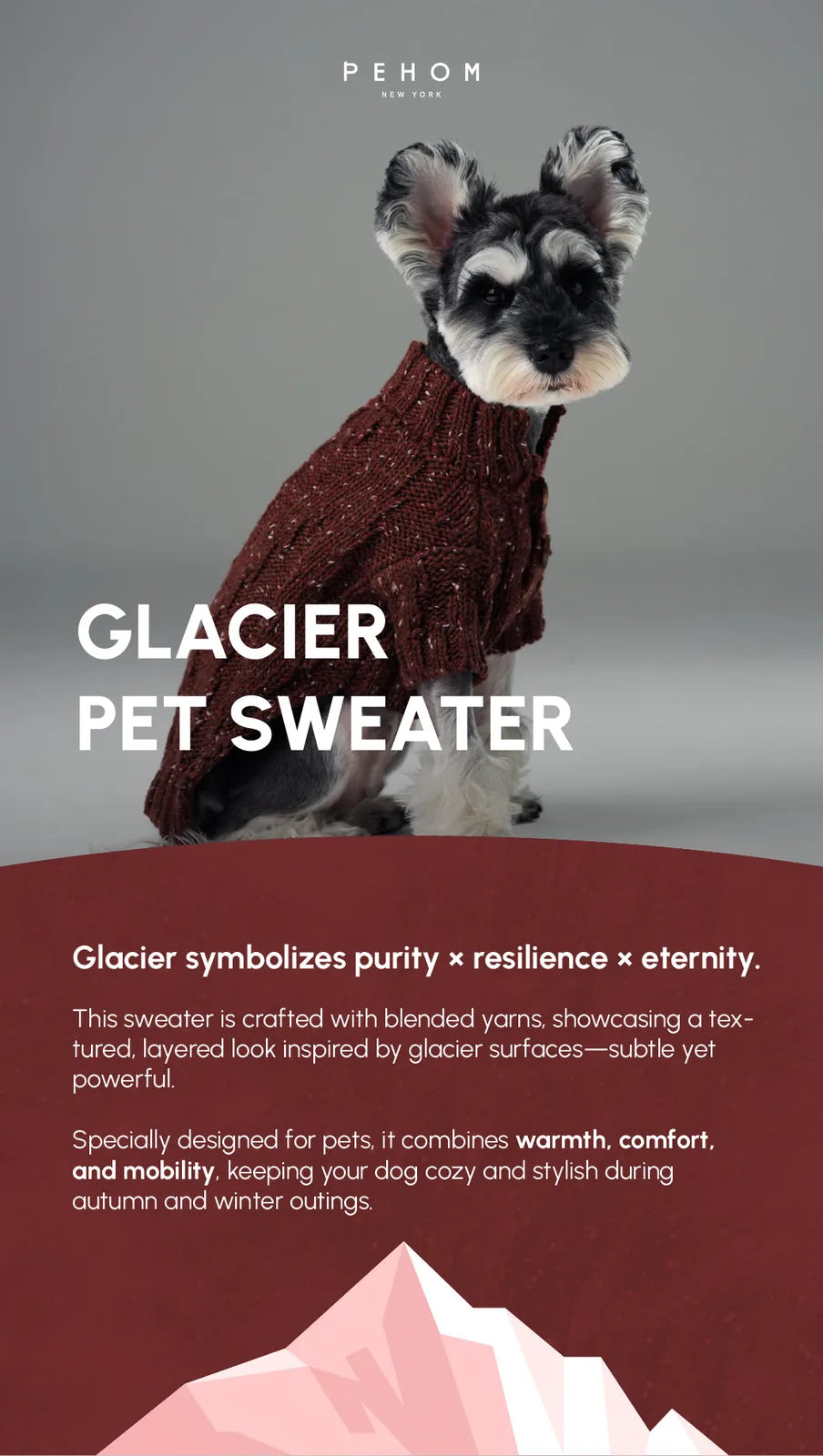 Burgundy pet sweater with a high-neck design, featuring textured knit and vintage buttons for style and warmth.