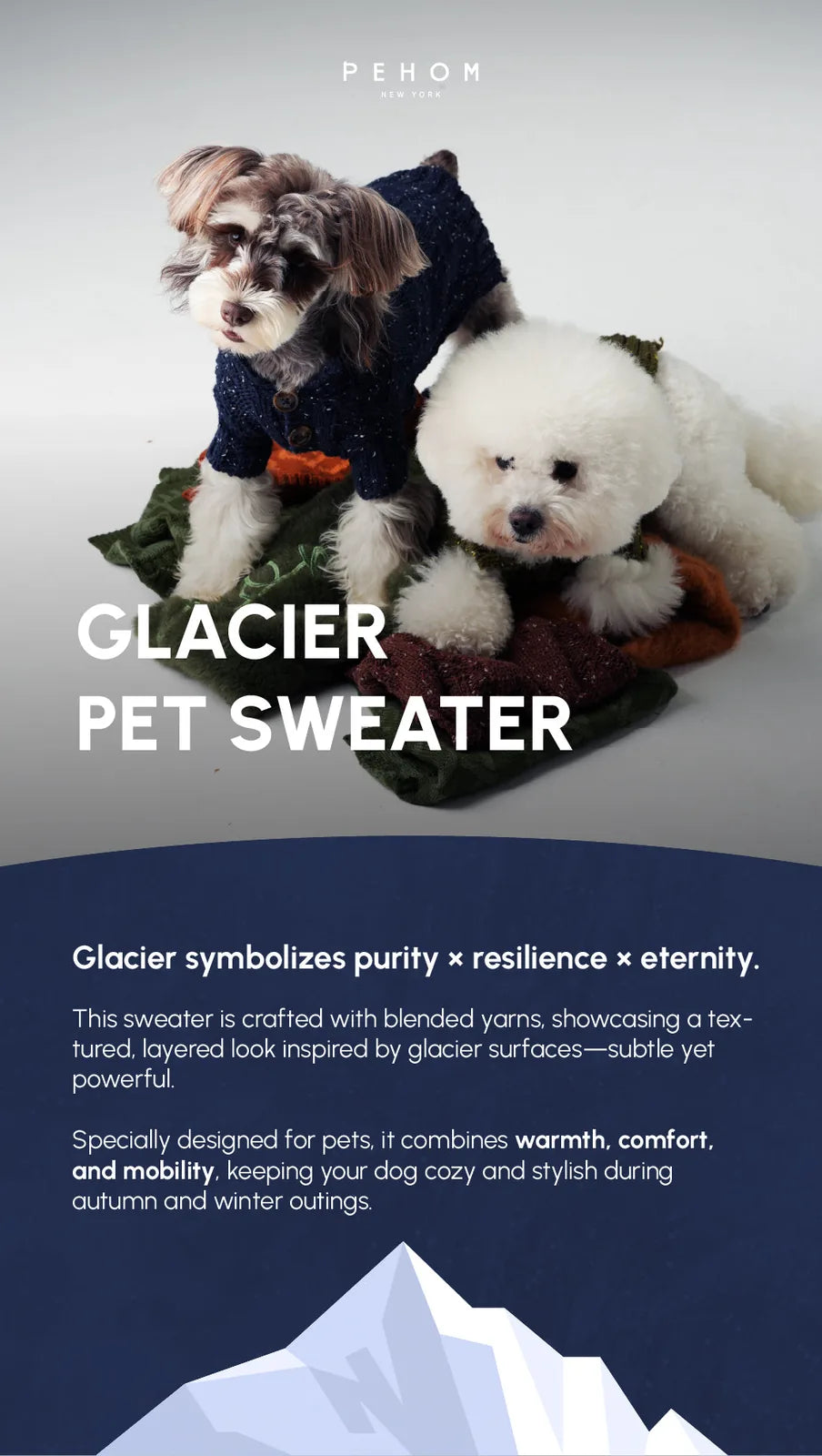 Navy dog sweater with a textured knit, high-neck design, and vintage chest buttons, perfect for warmth and style.