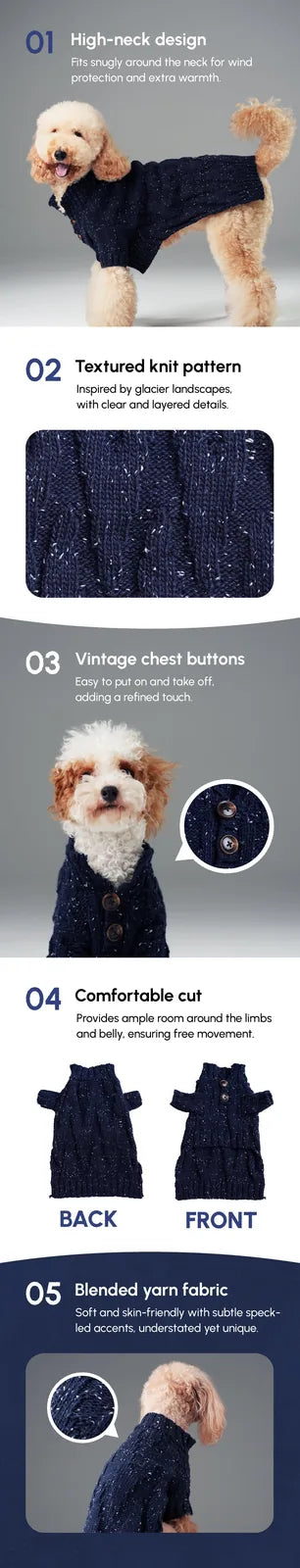 Navy pet sweater with a high-neck design, textured knit pattern, and vintage chest buttons, providing warmth and comfort.