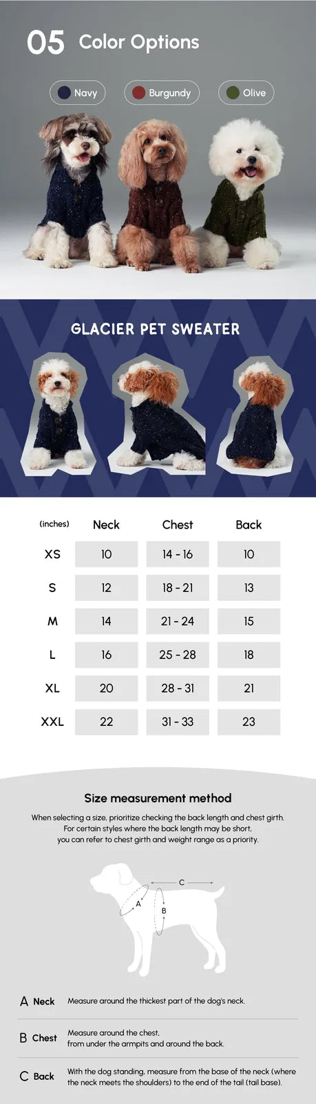 Navy dog sweater with textured knit pattern, high-neck design, and vintage buttons for easy wear.