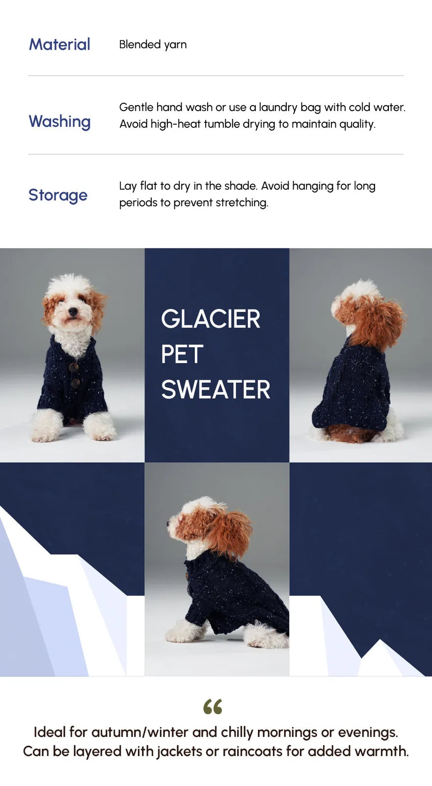 Navy dog sweater with a high-neck design, textured knit pattern, and vintage buttons, made from soft blended yarn.