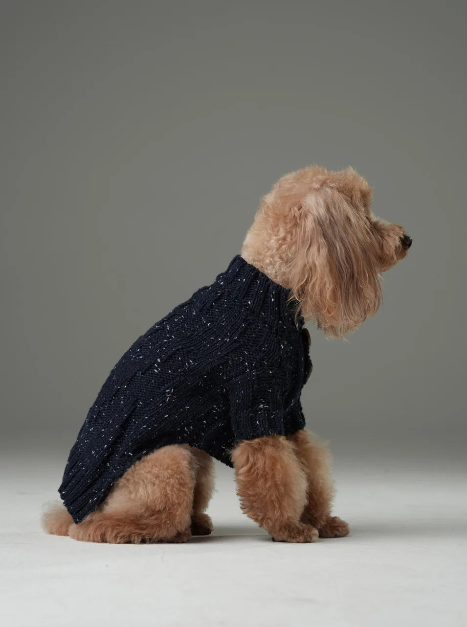 Navy pet sweater with textured knit pattern and vintage chest buttons, worn by a dog in profile.