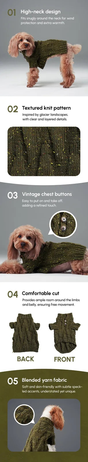 Olive green dog sweater with textured knit pattern, high-neck design, and vintage chest buttons for easy wear.