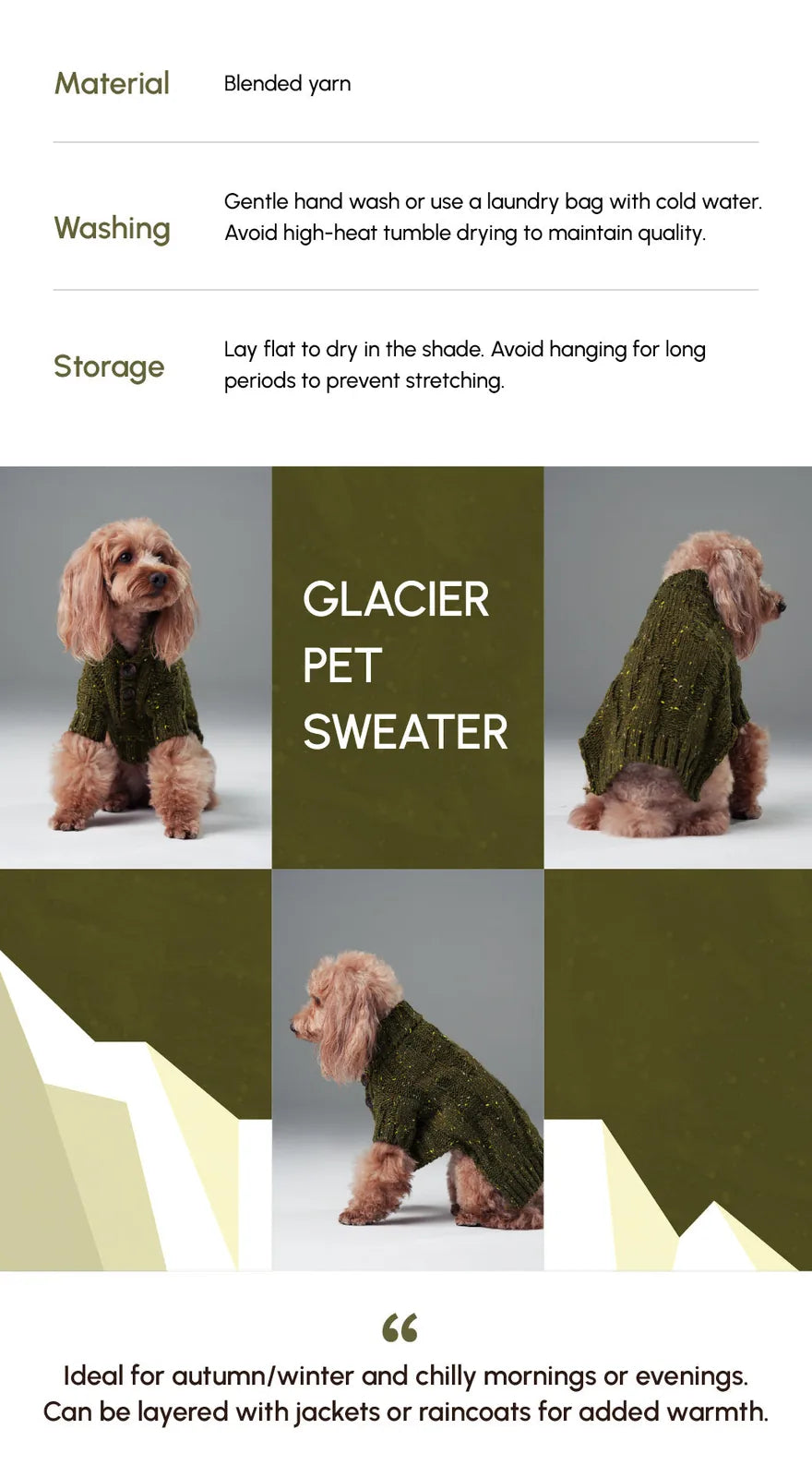 Olive green knitted pet sweater with high-neck design and vintage chest buttons, offering warmth and style for dogs.
