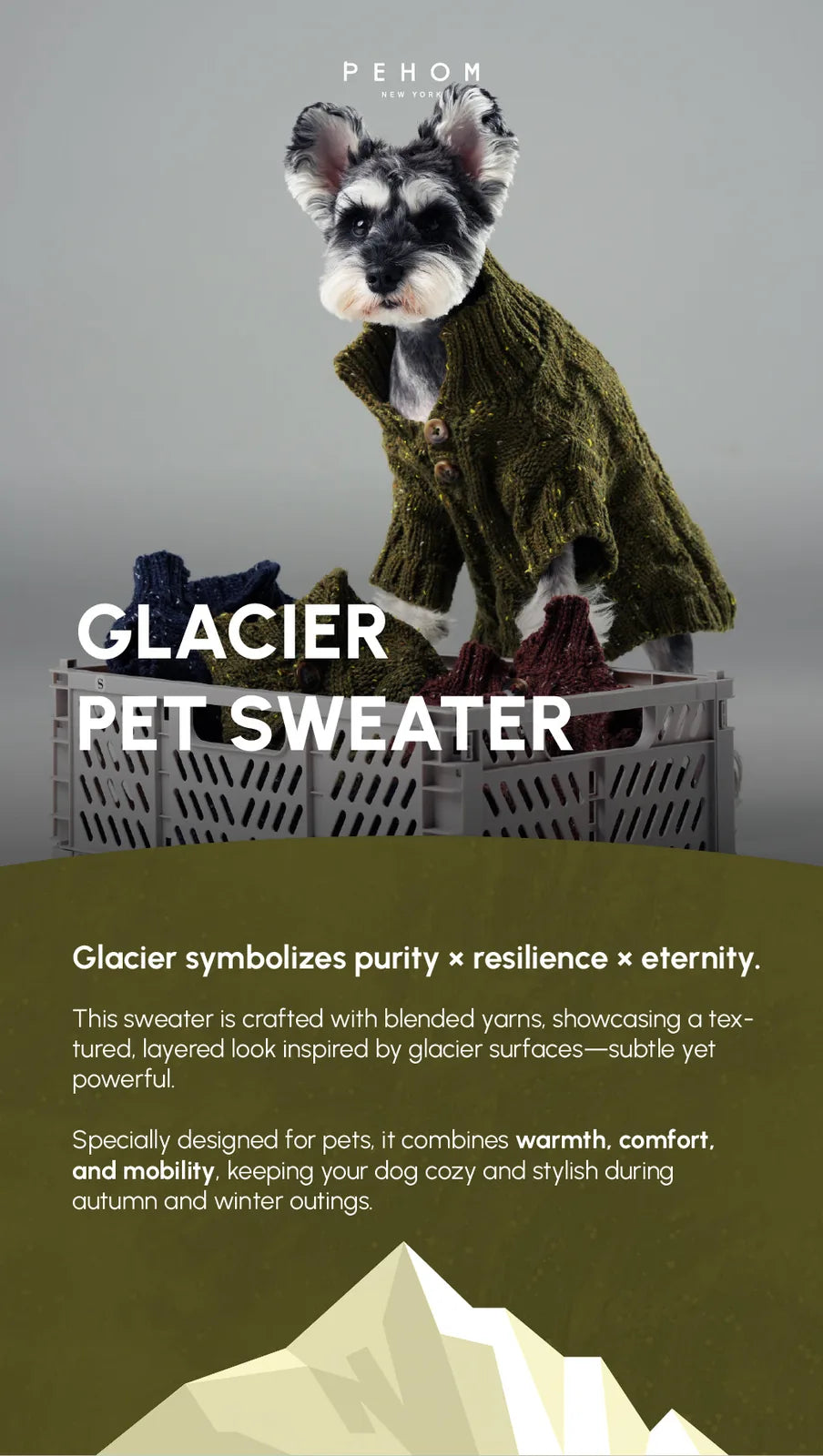 Olive green dog sweater with a high-neck design, vintage buttons, and textured knit inspired by glacial landscapes.