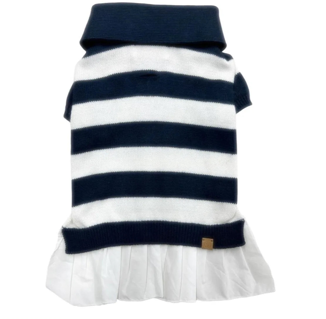 Navy and white striped cashmere blend polo dress for dogs with a pleated white skirt and a leash hole.