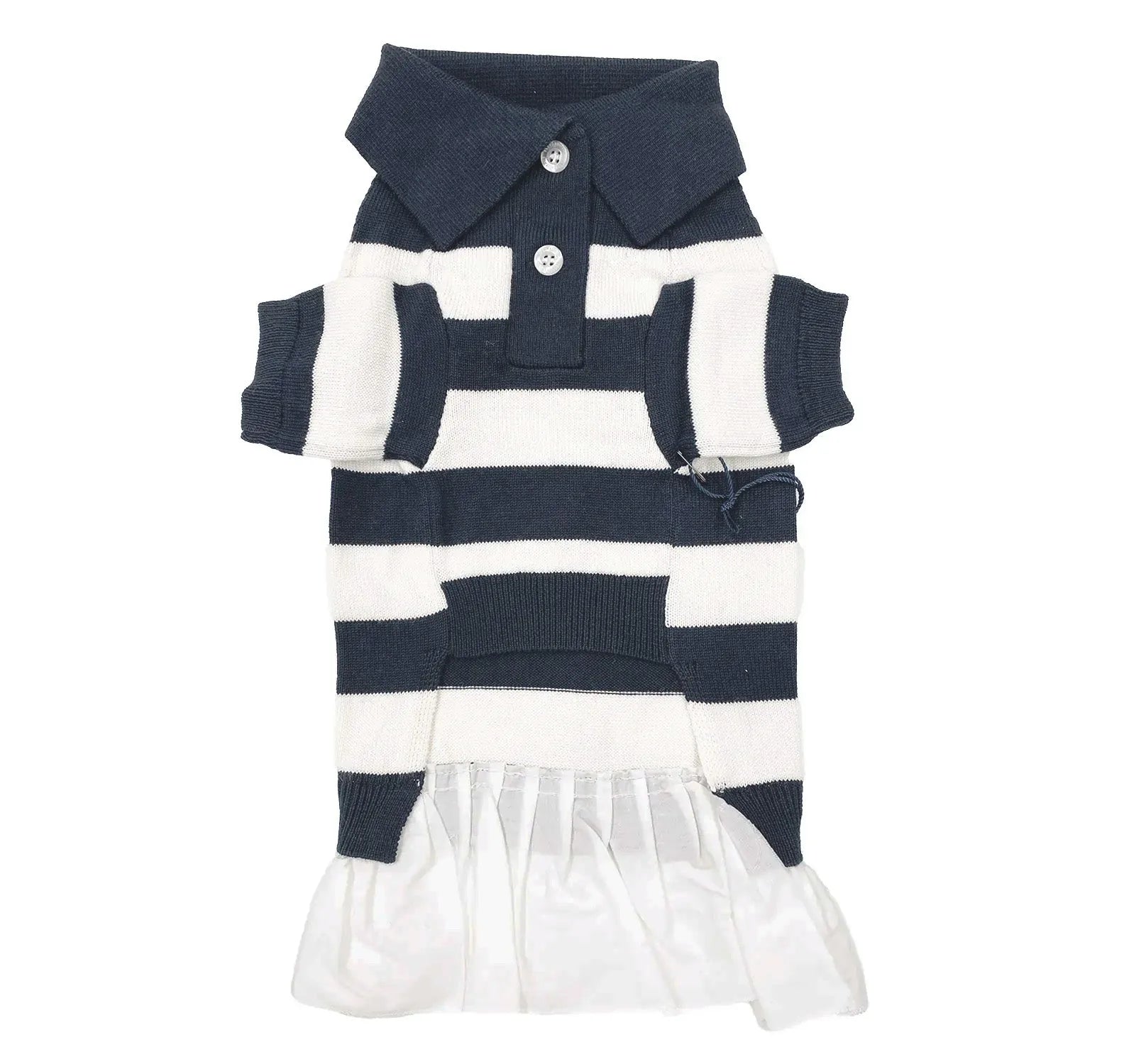 Navy and white striped cashmere blend dog polo dress with a ruffled skirt and buttoned collar detail.