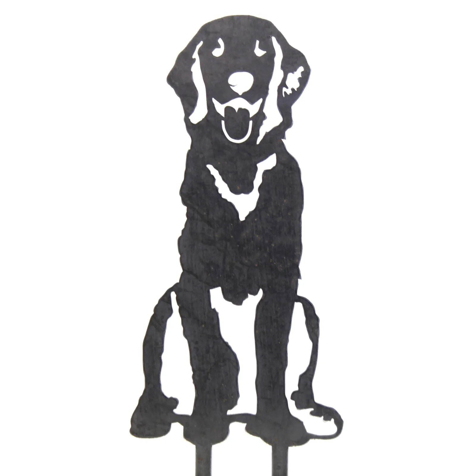 Handcrafted black metal silhouette of a sitting Golden Retriever, perfect for dog décor indoors or outdoors.