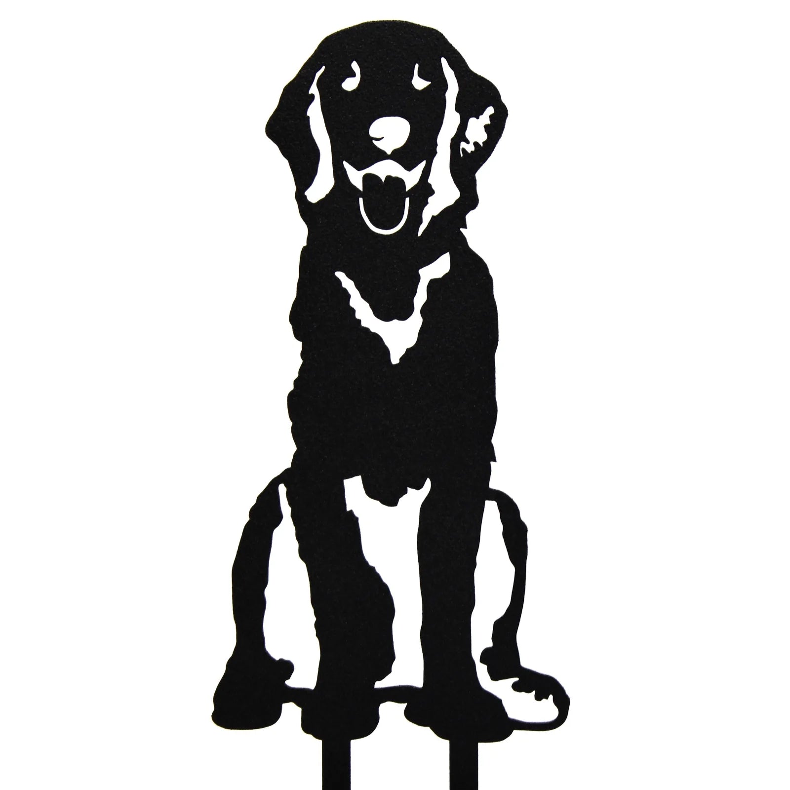 Handcrafted black metal silhouette of a sitting Golden Retriever, designed for outdoor or indoor décor.