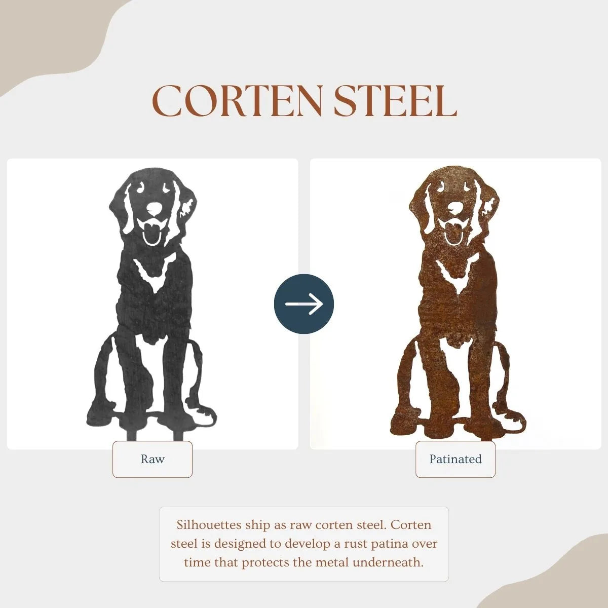 Corten steel Golden Retriever silhouette showing raw on the left and patinated rust finish on the right, showcasing custom...