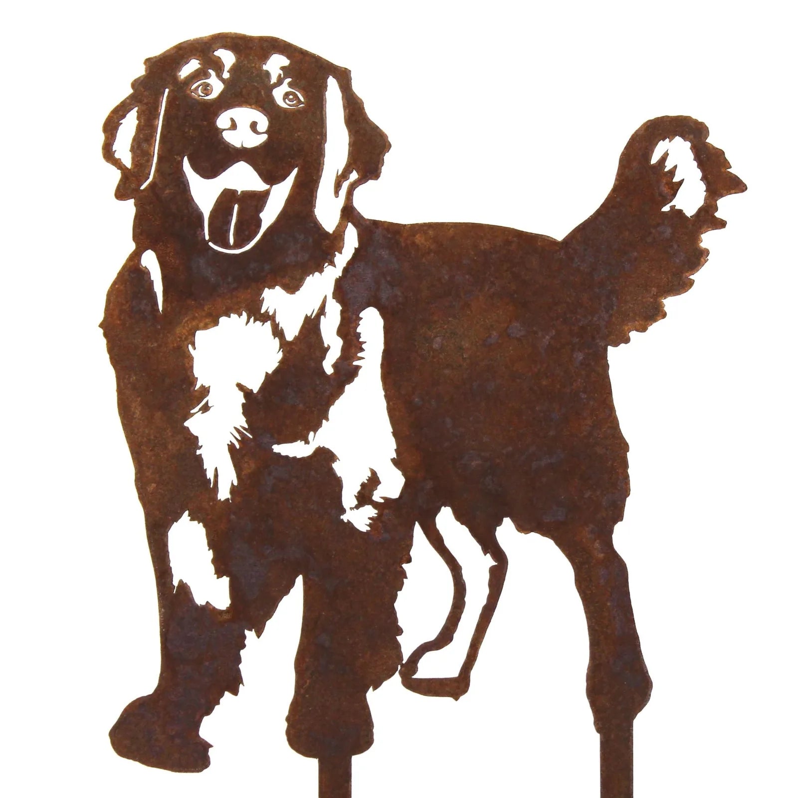 Rusty metal silhouette of a playful Golden Retriever with a happy expression, perfect for outdoor decor.