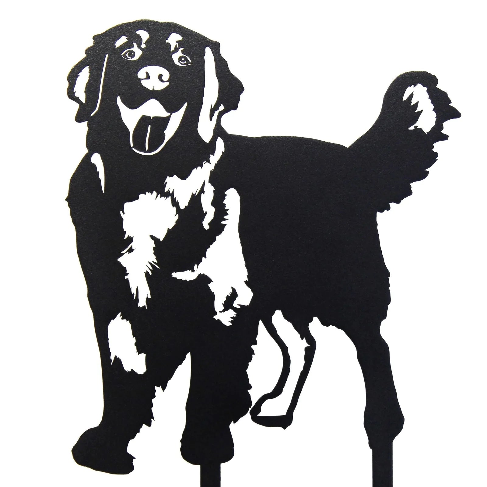 Handmade black metal silhouette of a standing Golden Retriever, showcasing detailed features and playful stance.