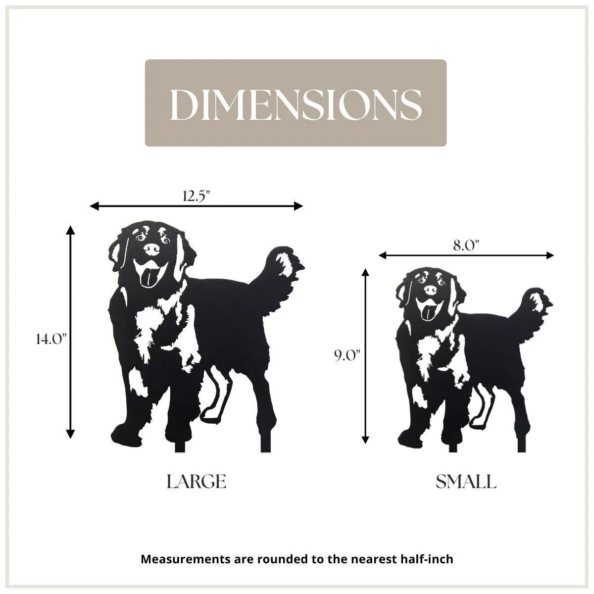 Black metal silhouette of a standing Golden Retriever with dimensions labeled for large and small sizes.