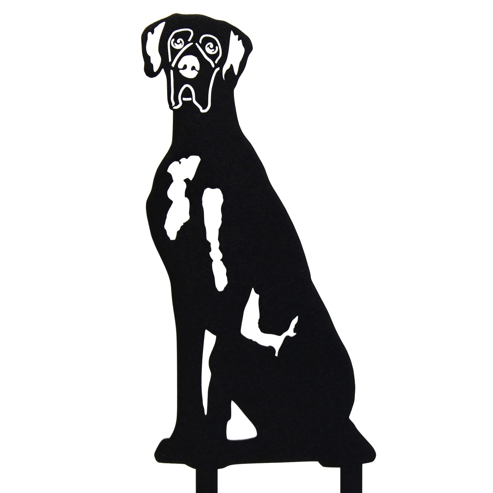 Black metal silhouette of a Great Dane sitting, featuring intricate details and a clean design, ideal for outdoor decor.