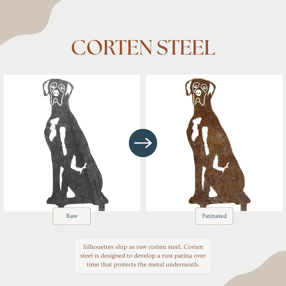 Great Dane silhouette comparison showing raw Corten steel and rust patina finishes, highlighting outdoor decor options.