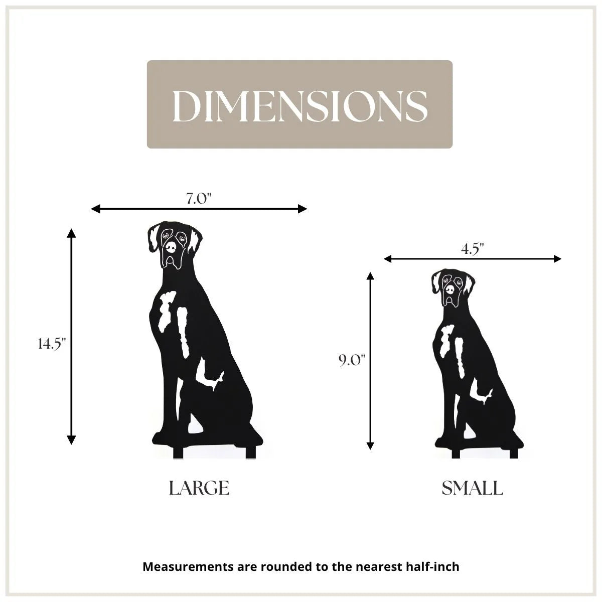 Great Dane silhouette dimensions shown in black, displaying large (14.5") and small (9") sizes.