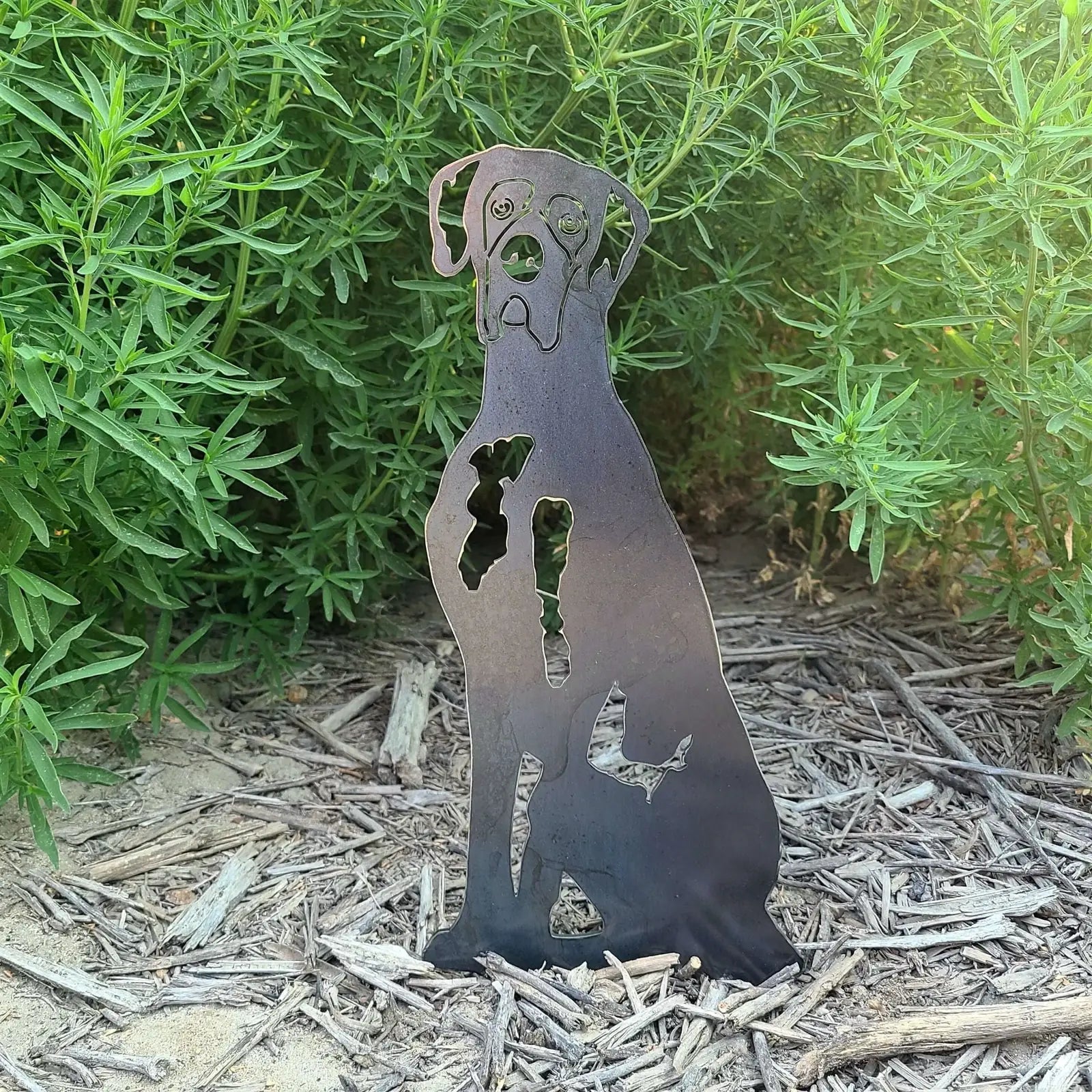 Great Dane silhouette in matte black metal, surrounded by greenery and mulch, ideal for garden decor.