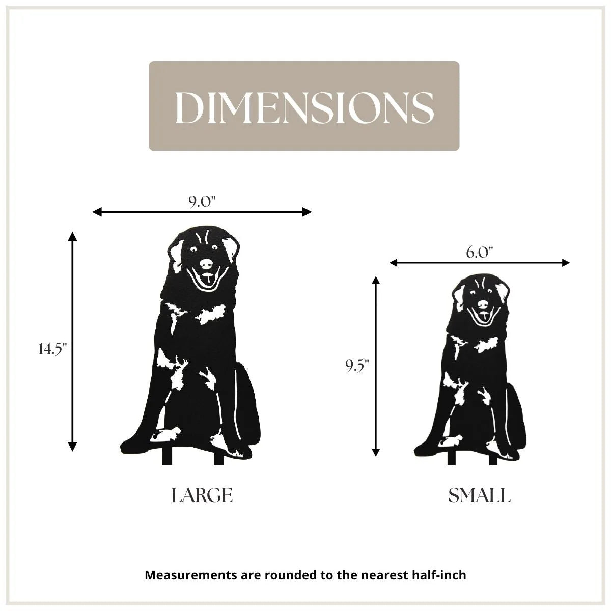 Great Pyrenees metal silhouette in black, showcasing size dimensions for large and small options, ideal for outdoor decor.