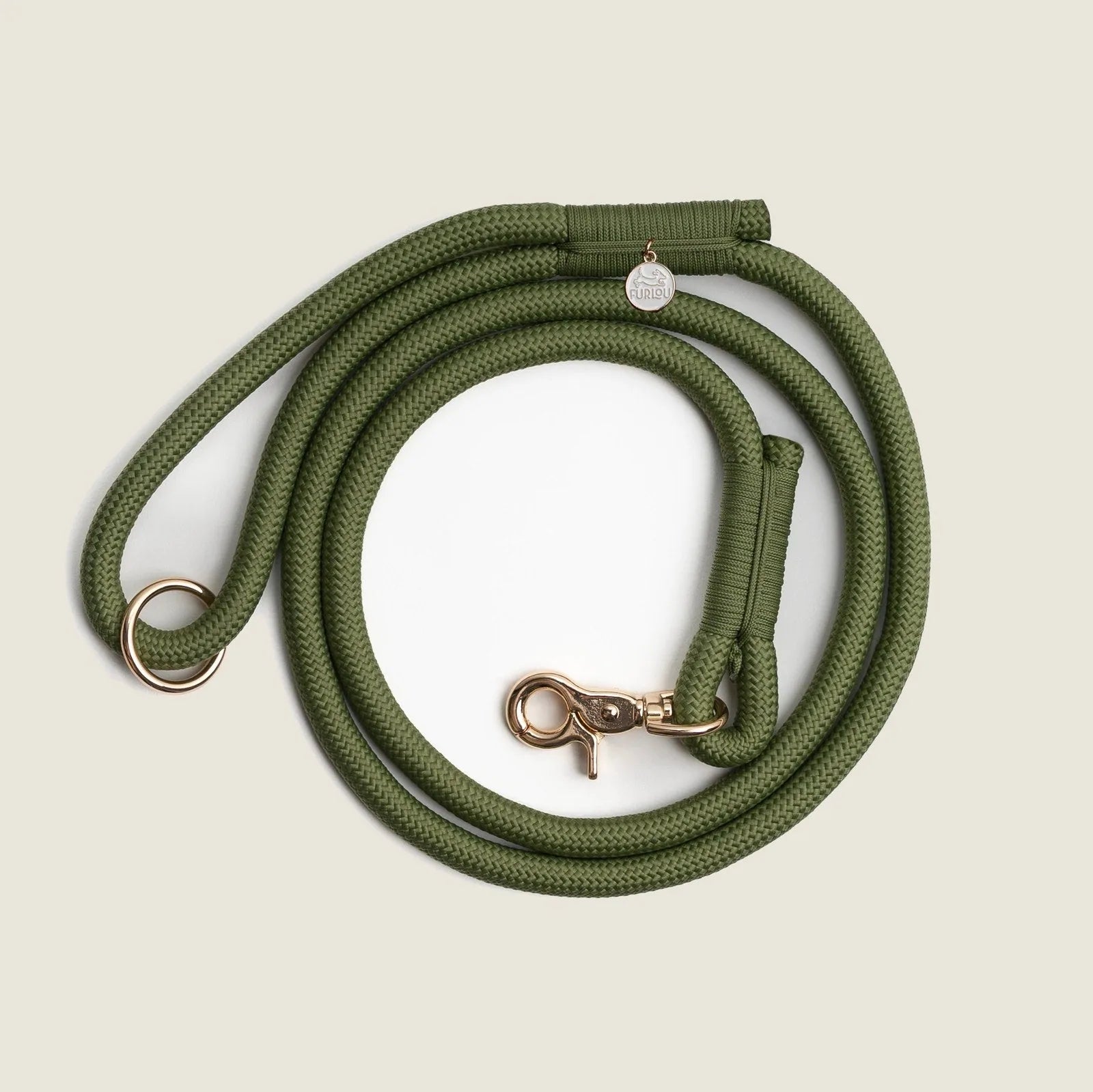 Braided green nylon dog leash with reinforced stitching and gold-finish clip, designed for strength and comfort.
