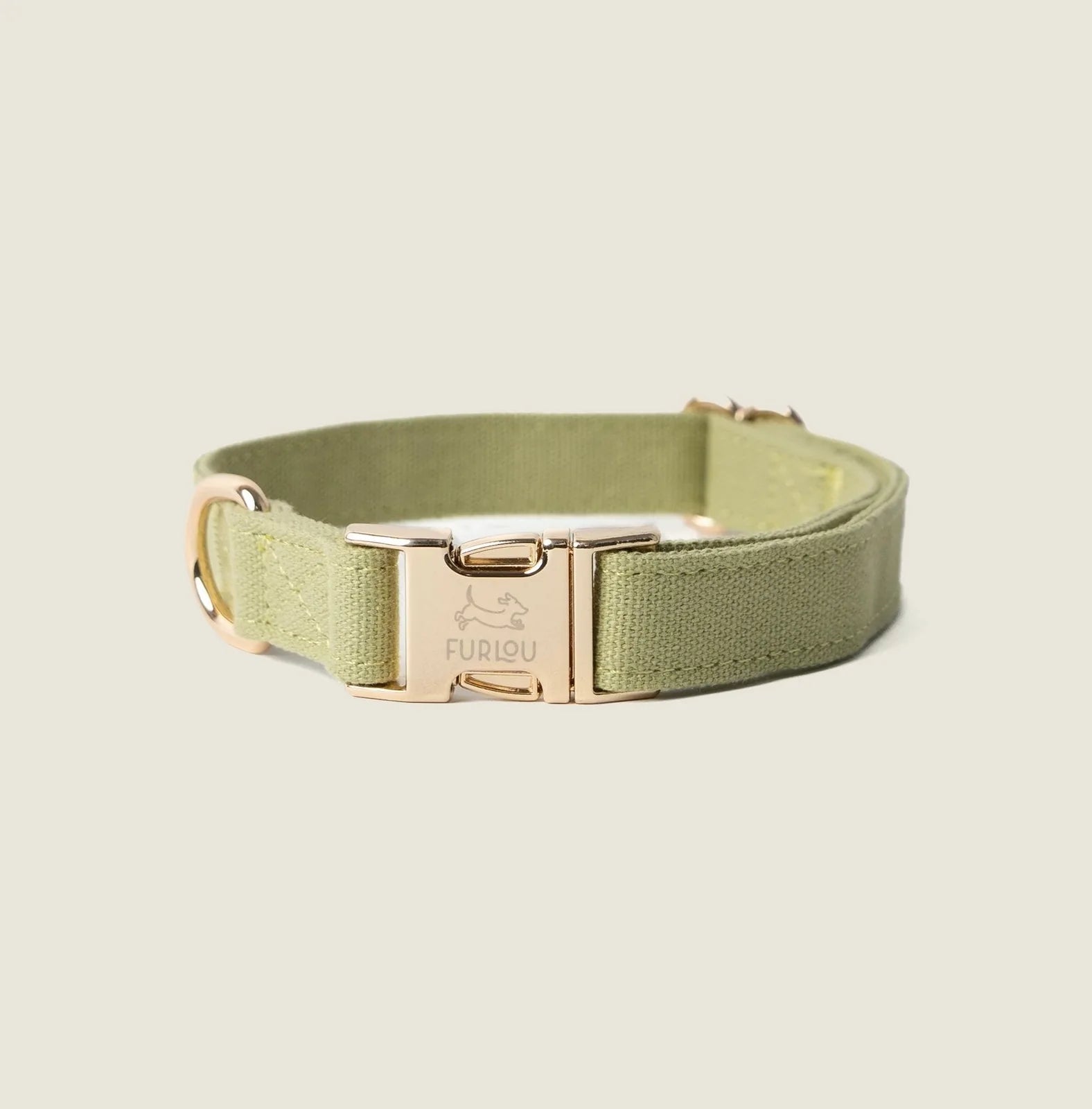 Light green canvas dog collar with gold hardware, featuring the FURLOU logo on the clasp.