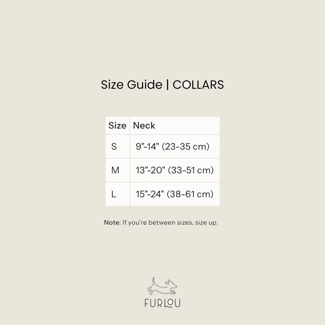 Velvet dog collar size guide showing S, M, L with corresponding neck measurements and FURLOU logo.