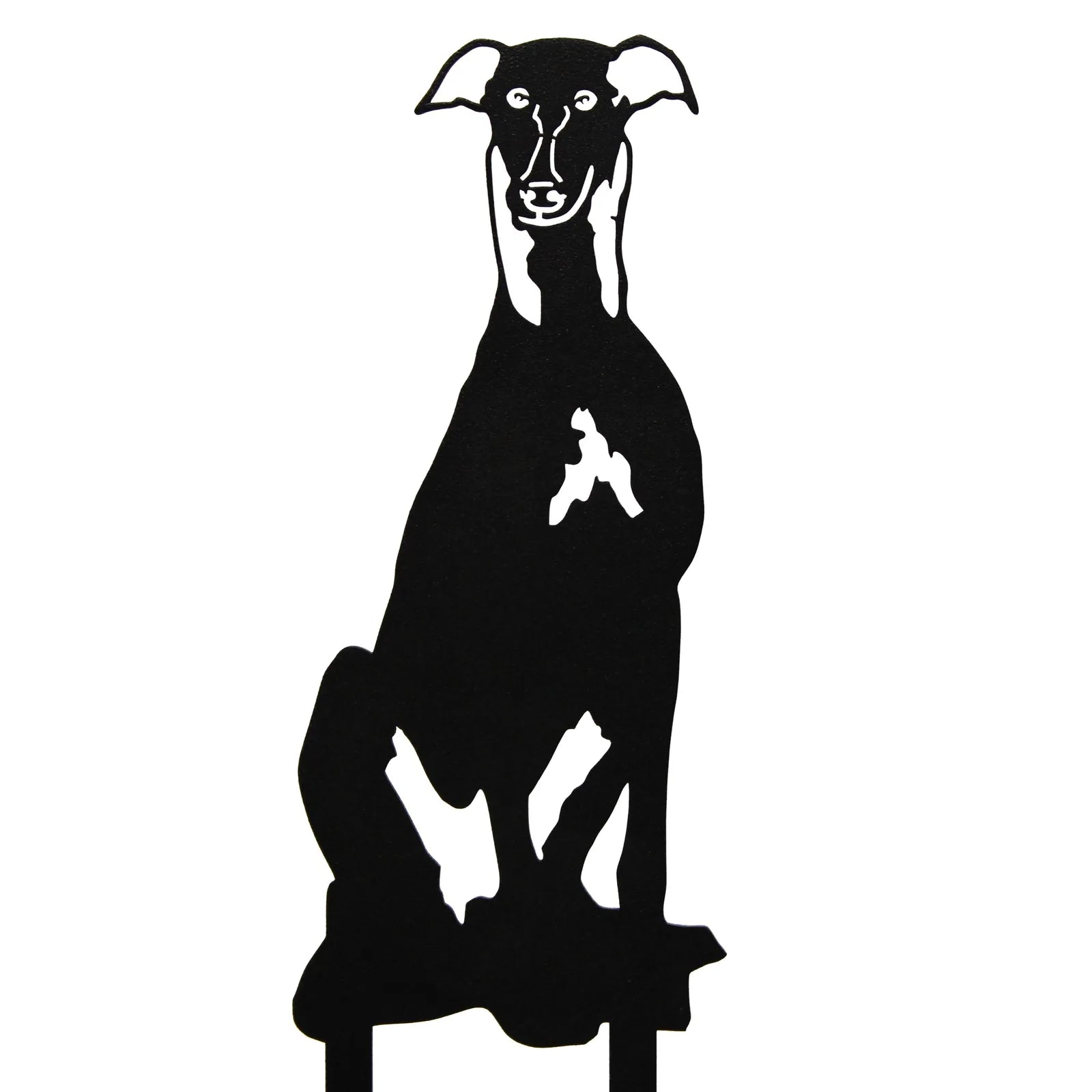Black metal silhouette of a seated greyhound dog, designed for outdoor decor, showcasing fine details and sturdy construct...