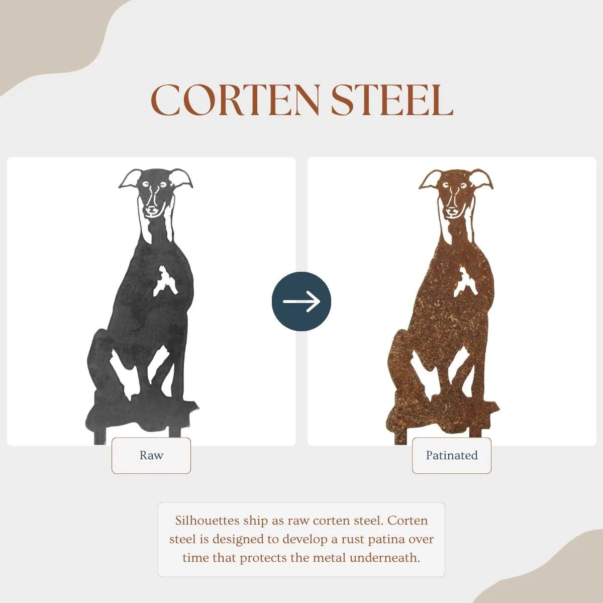 Greyhound silhouette showcasing raw and patinated Corten steel finishes, ideal for outdoor decor.
