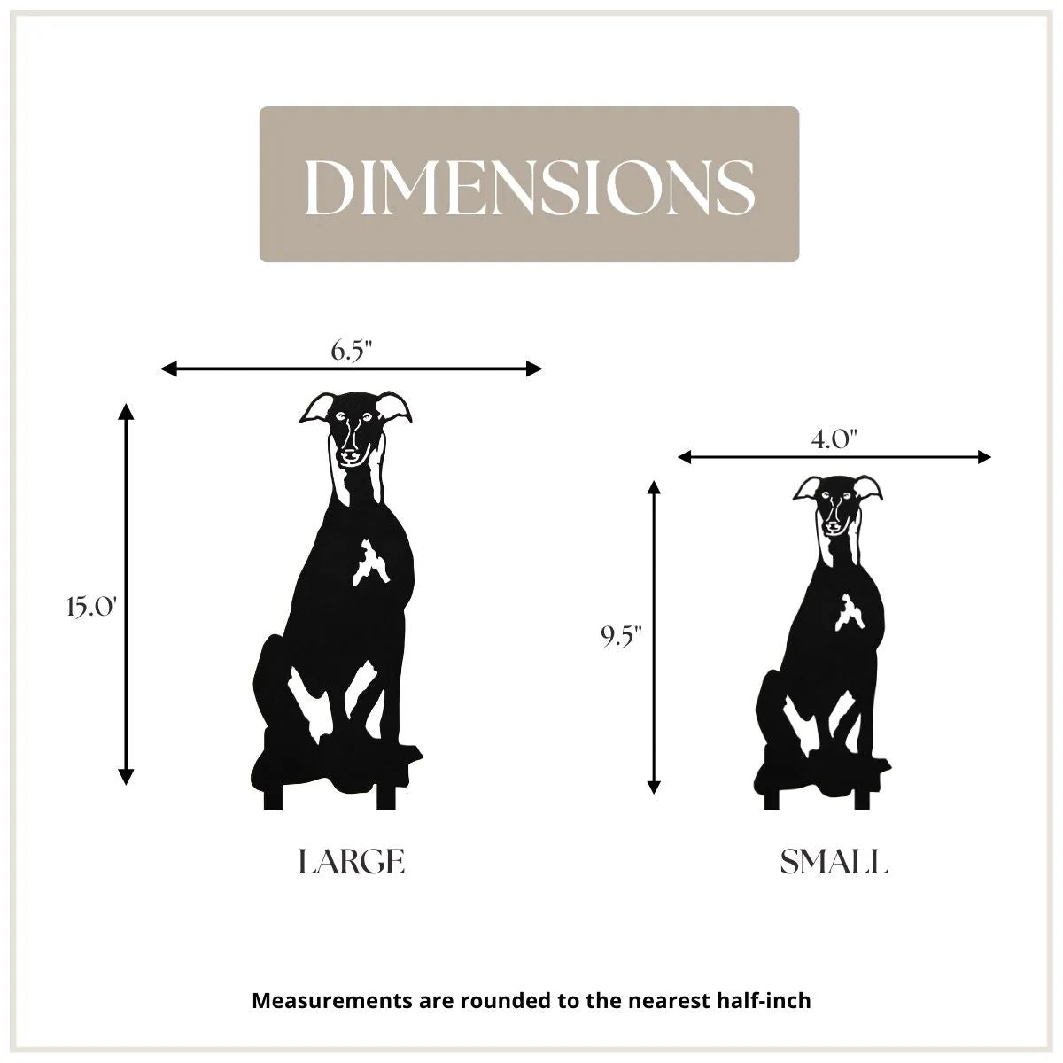 Greyhound silhouette dimensions, showing large (15") and small (9.5") sizes, designed for outdoor decor in black metal.