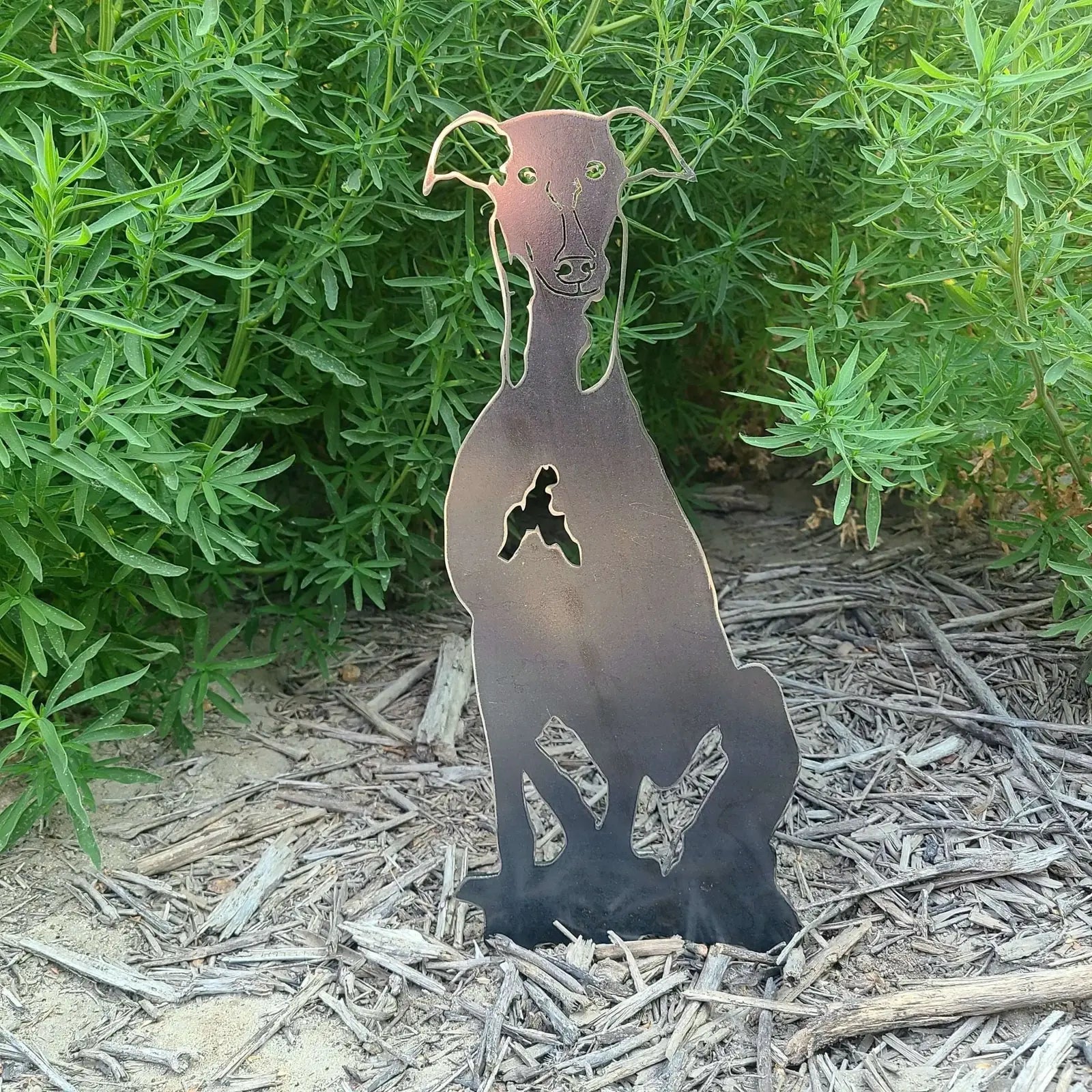 Greyhound silhouette crafted from weathering steel, featuring a sleek design, set among green foliage and mulch.