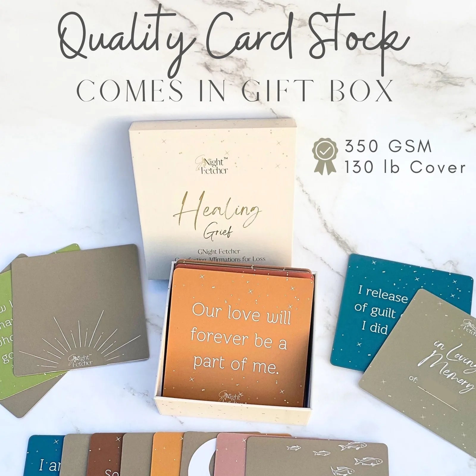 Grief affirmation cards in a gift box, featuring varied colors and heartfelt messages for pet loss support.