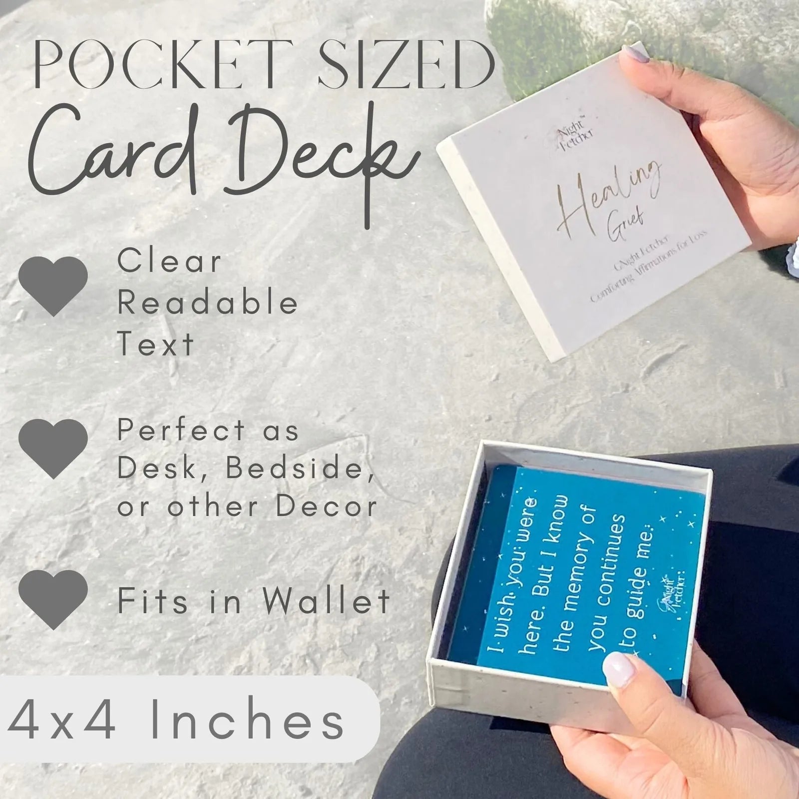 Pocket-sized card deck featuring heartfelt messages, with a user holding a box on a textured surface.
