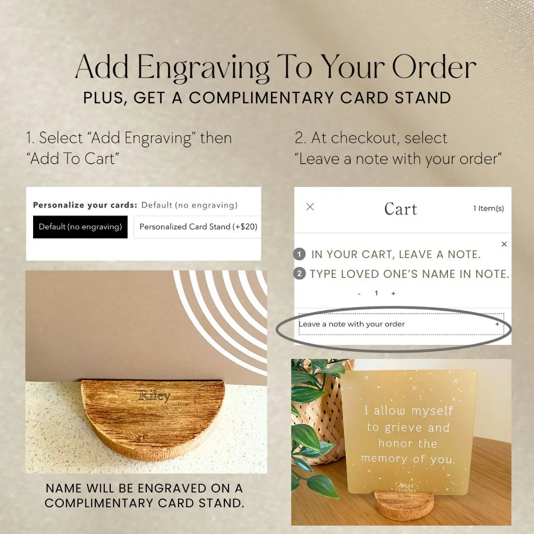 Personalized card stand with name "Riley" and instructions for adding engraving to Grief Affirmation Cards.