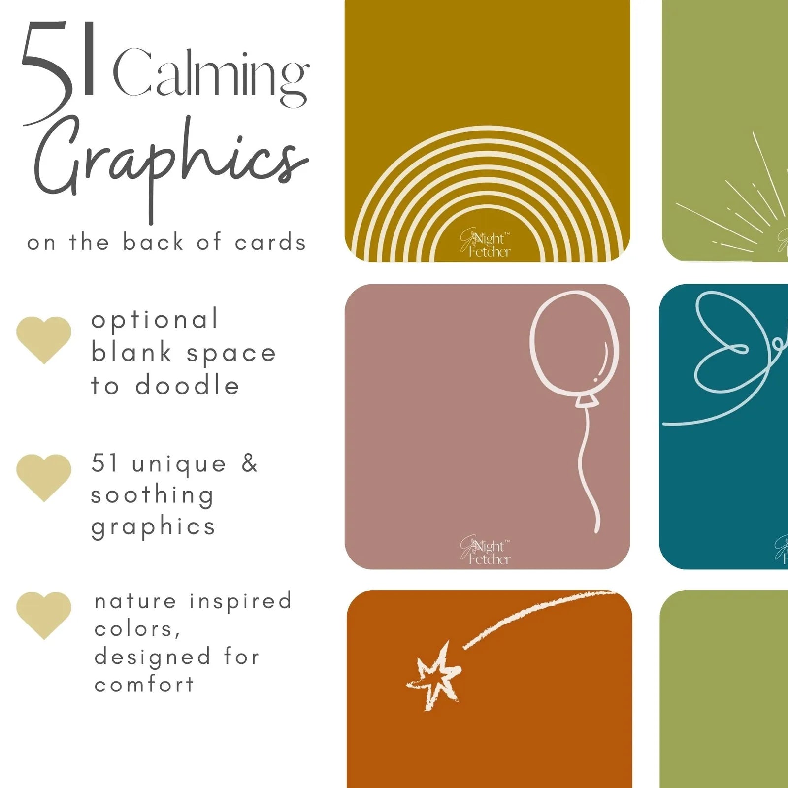 Calming graphics in nature-inspired colors on the backs of Grief Affirmation Cards for Pet Loss, featuring doodle space.