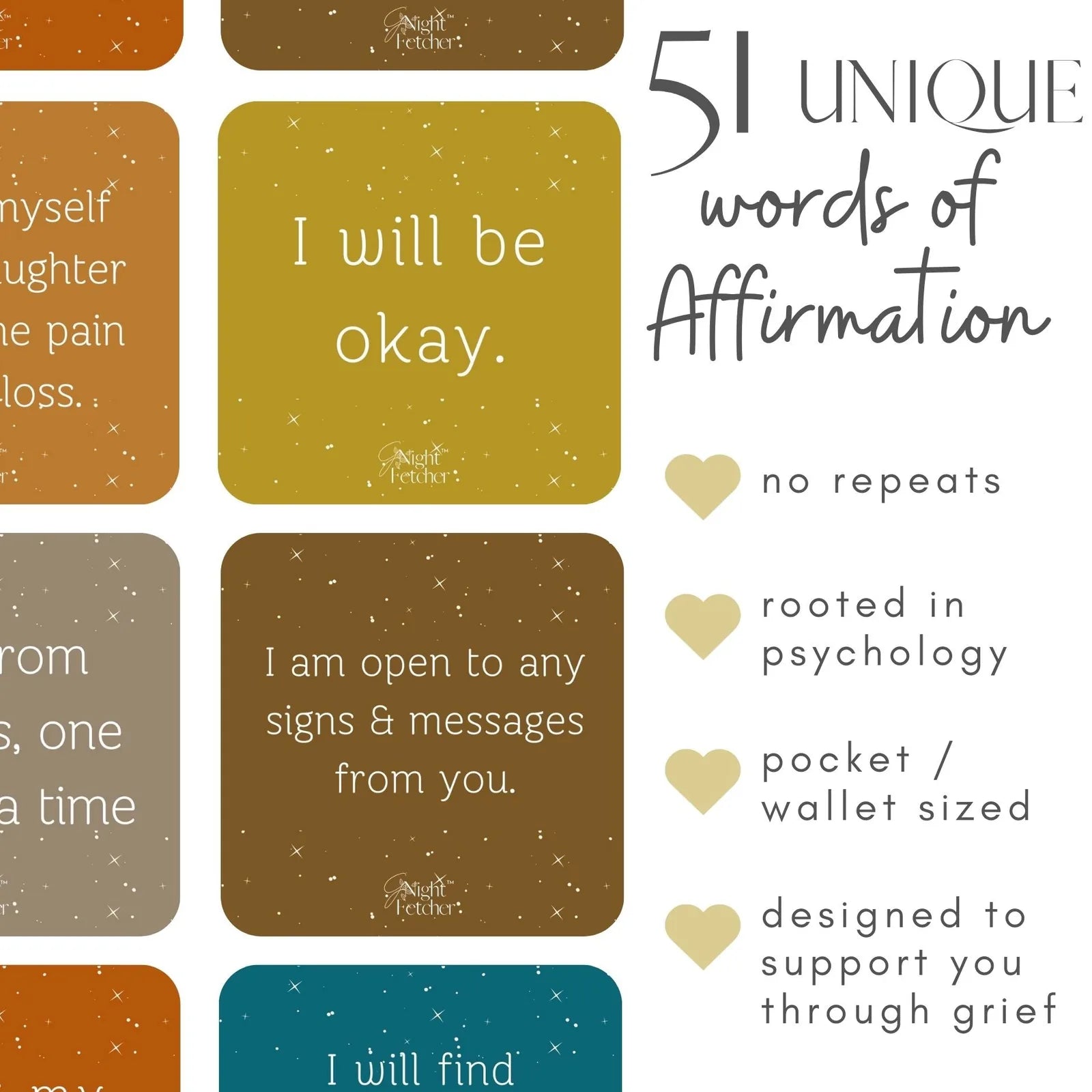 51 unique affirmation cards in warm colors featuring comforting messages designed for pet loss support.