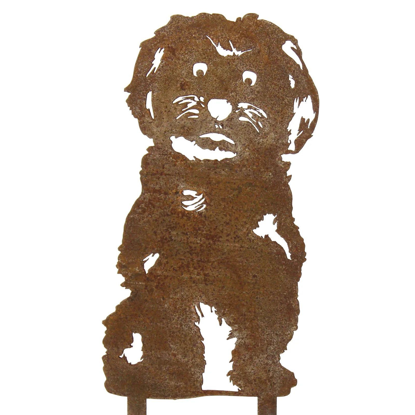 Rusty Corten steel silhouette of a Havanese dog, featuring its playful expression and furry details, ideal for outdoor decor.