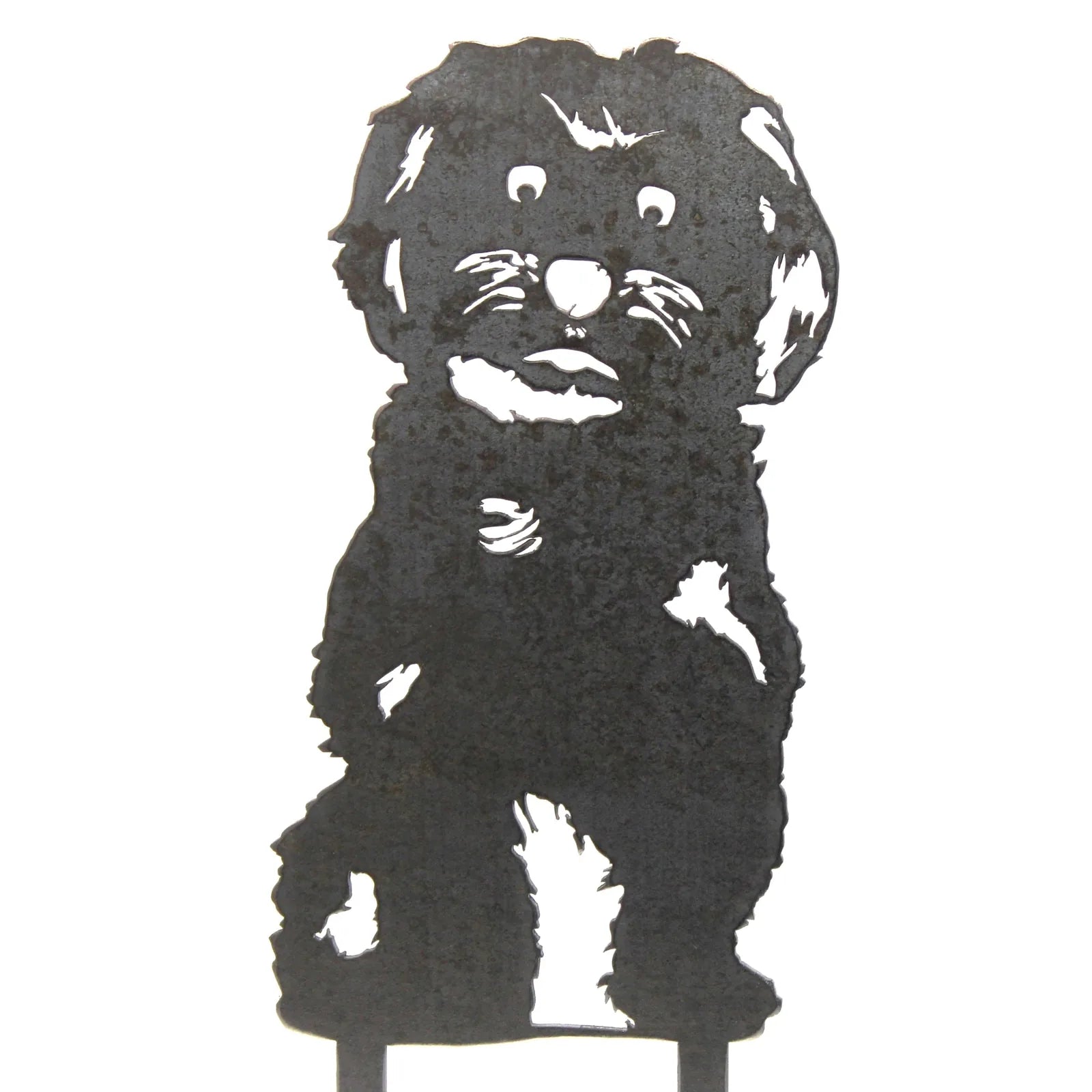 Black metal silhouette of a seated Havanese dog, showcasing detailed features and textures, ideal for outdoor decor.