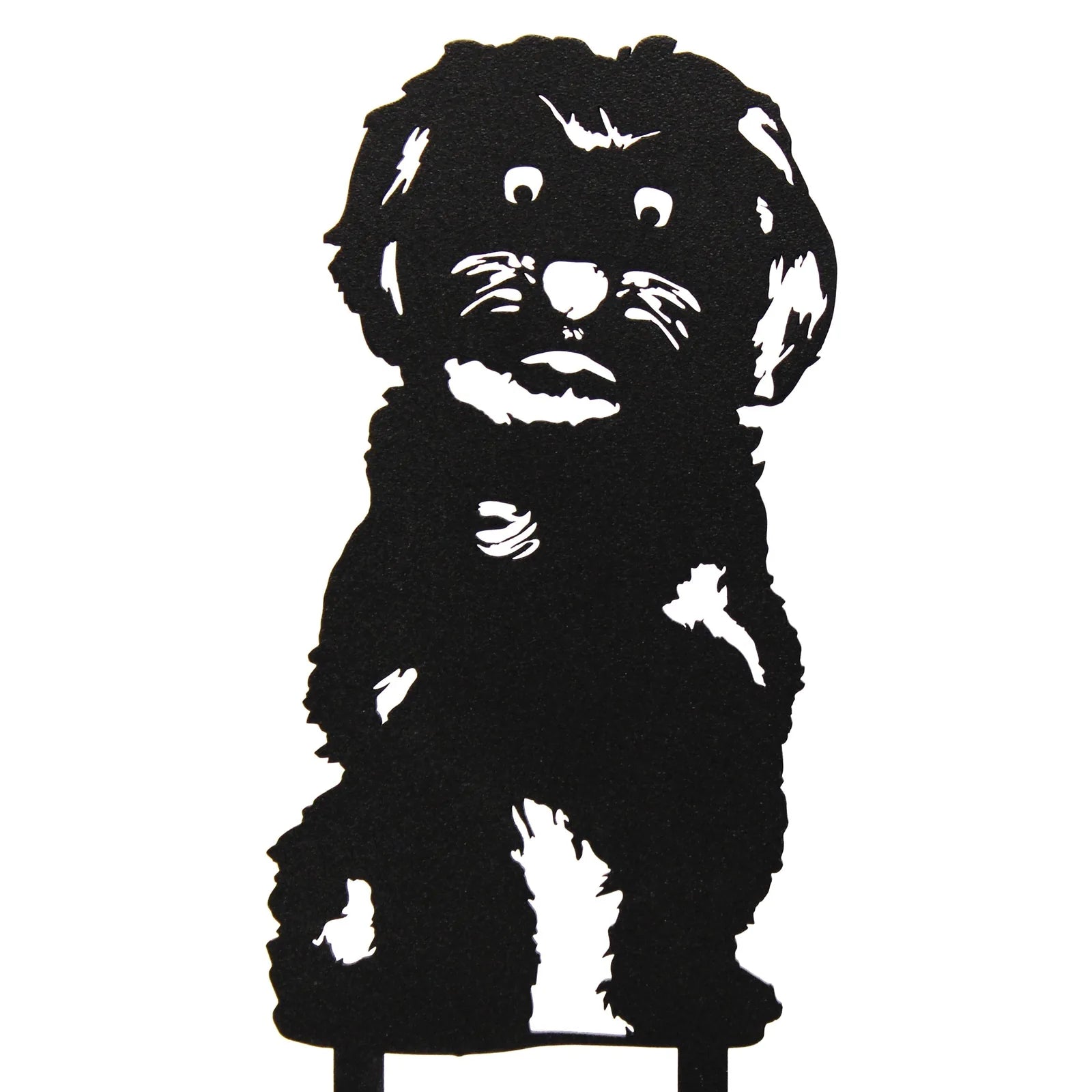 Black metal silhouette of a Havanese dog sitting, showcasing detailed fur texture and playful expression.