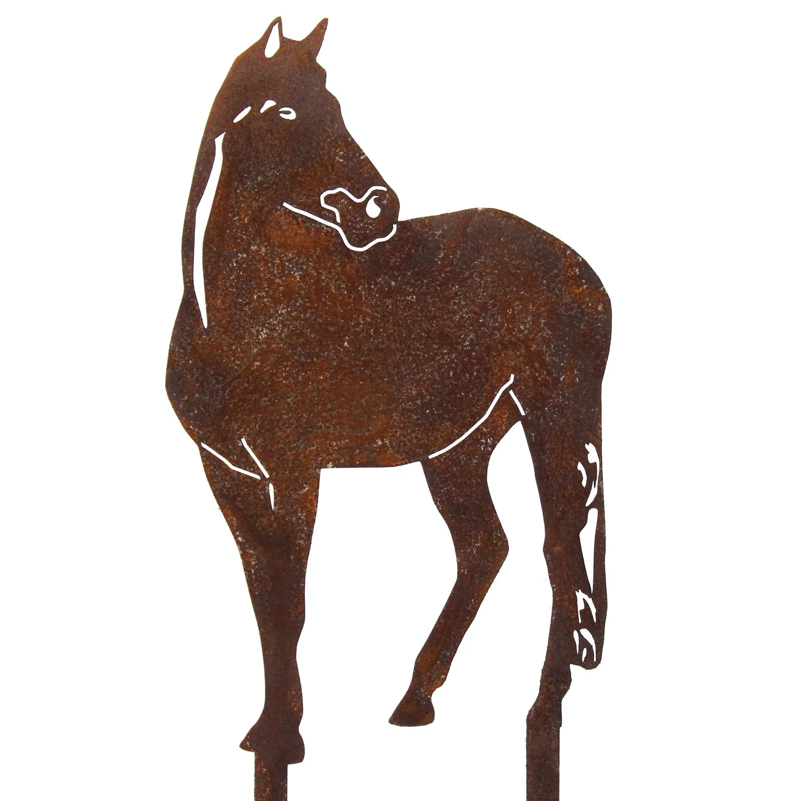 Rusty horse silhouette crafted from weathering steel, designed for outdoor decor and garden art.