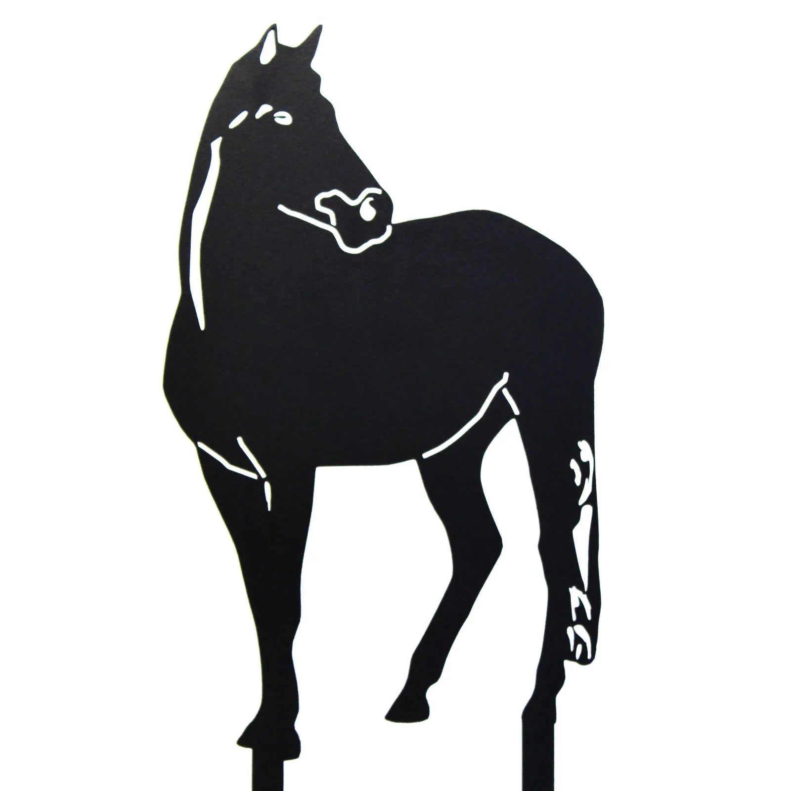 Black metal silhouette of a horse, showcasing elegant lines and details, perfect for outdoor or indoor decor.