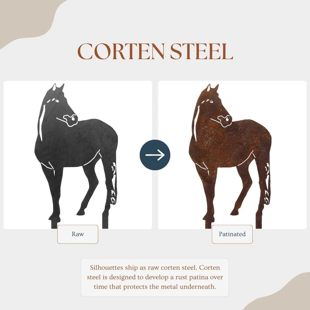 Corten steel horse silhouette transitioning from raw to rusted patina finish, showcasing rustic metal art design.