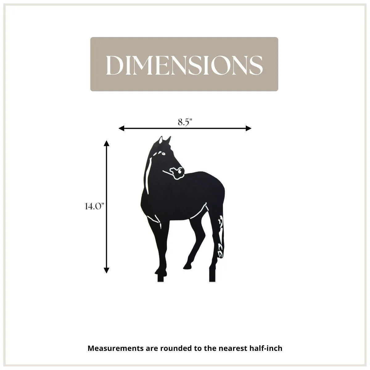 Black metal horse silhouette wall art measuring 14" tall and 8.5" wide, ideal for garden or home decor.
