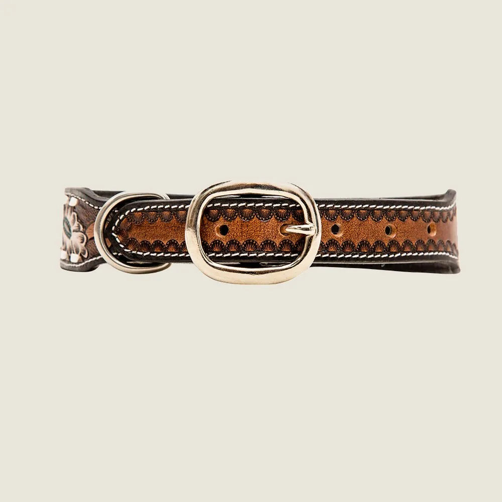 Hand-tooled leather dog collar with a brown and black design, featuring a metal buckle and decorative stitching.