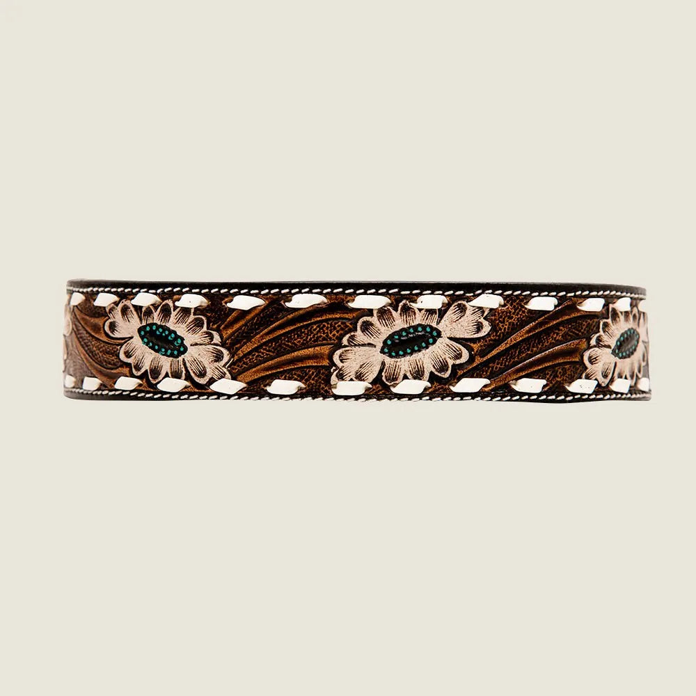 Hand-tooled leather dog collar featuring a floral design in brown with green accents, ideal for everyday wear.