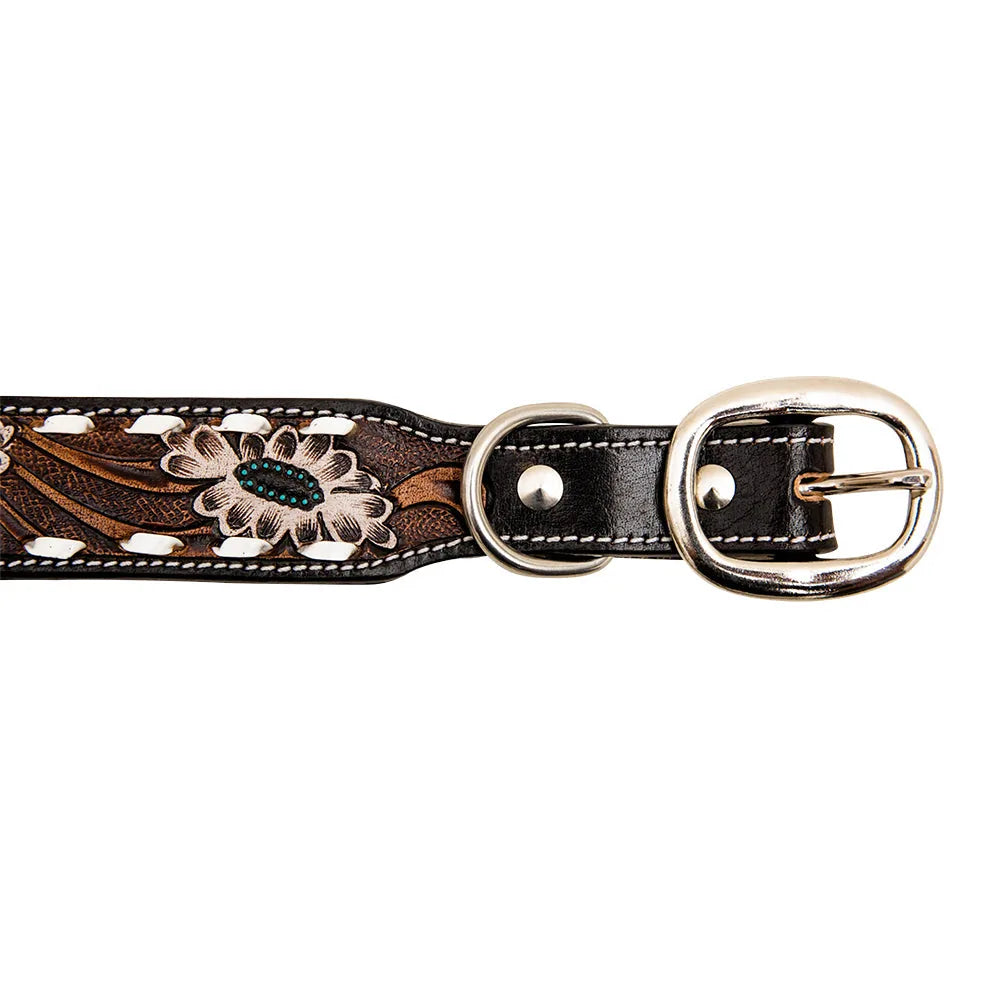 Hand-tooled leather dog collar featuring floral design, black and brown colors, and silver buckle for secure fit.