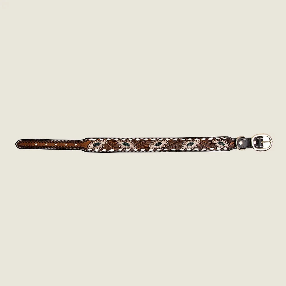 Brown hand-tooled leather dog collar with floral design and silver buckle, measuring 1.5 inches wide and 16.5 inches long.