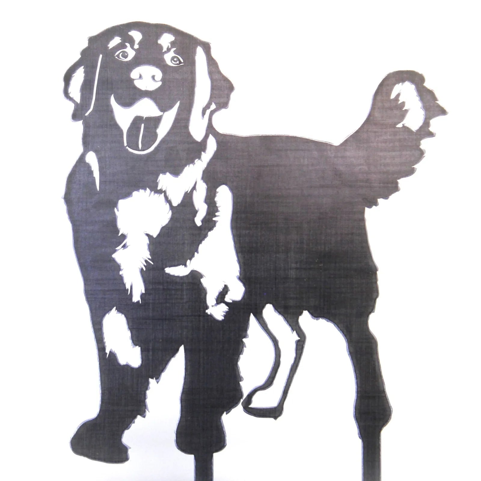 Handcrafted black metal silhouette of a Hovawart dog with a playful expression, designed for outdoor decor.