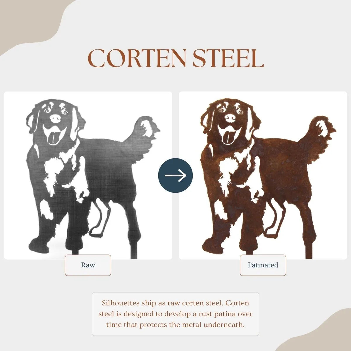 Handmade Hovawart dog silhouette in raw corten steel, showcasing the transition to a rust patina over time.