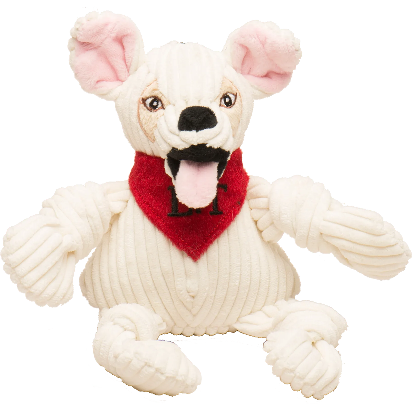 Soft, cream-colored plush dog toy resembling a playful dog, featuring a red scarf and knotted limbs for interactive play.