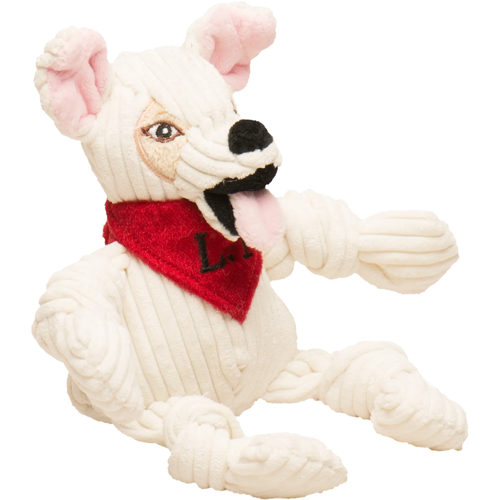 Plush dog toy featuring a white, knotted design with a red bandana and playful facial details. Ideal for small to medium d...